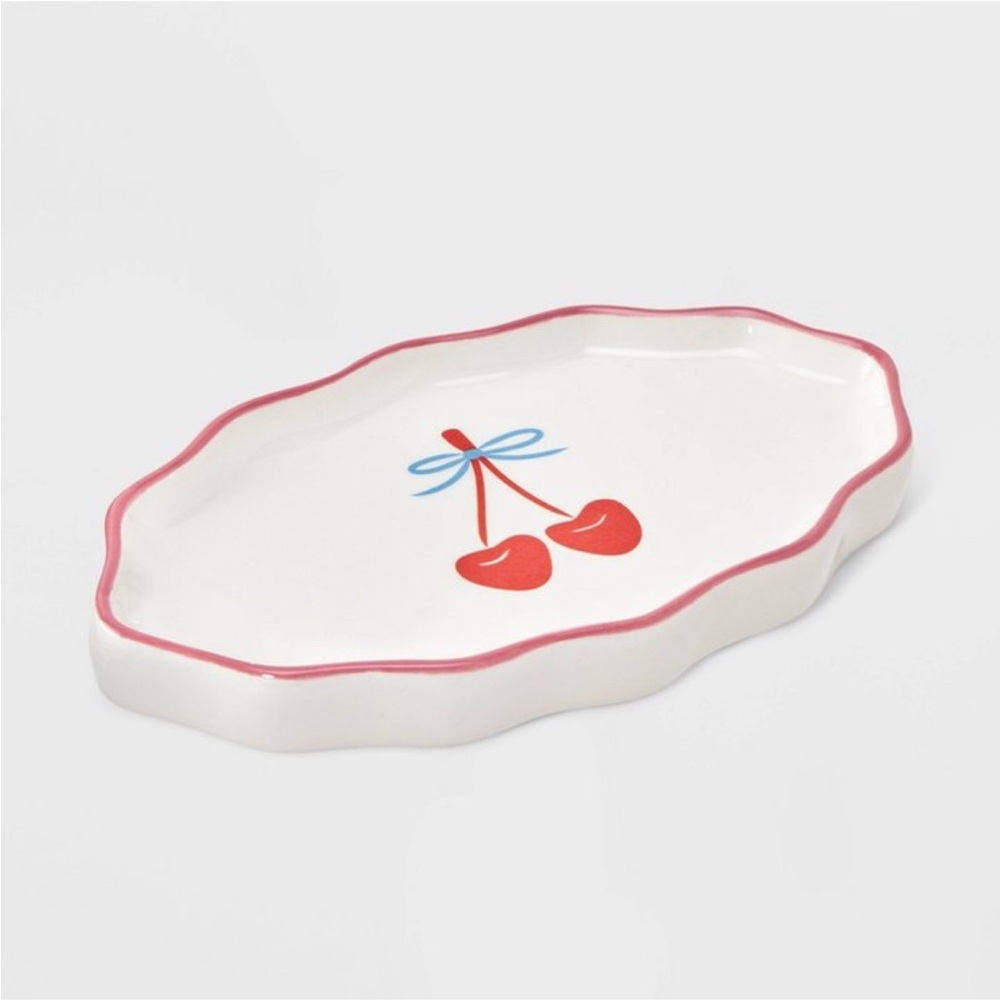 A NEW DAY NWT cherry with bow small ceramic jewelry tray -pink/red